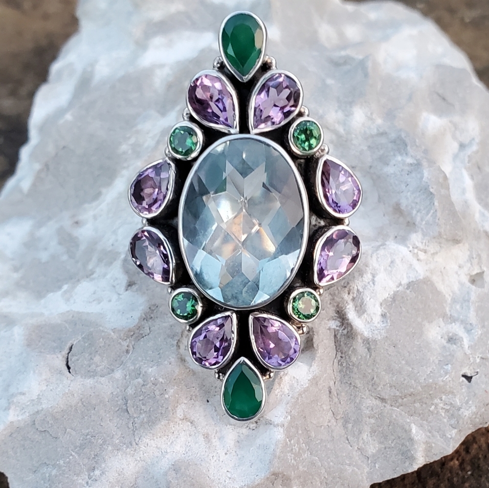 Nicky Butler Aqua Quartz Amethyst Chalcedony 925 Sterling Silver Size 10.5 Ring